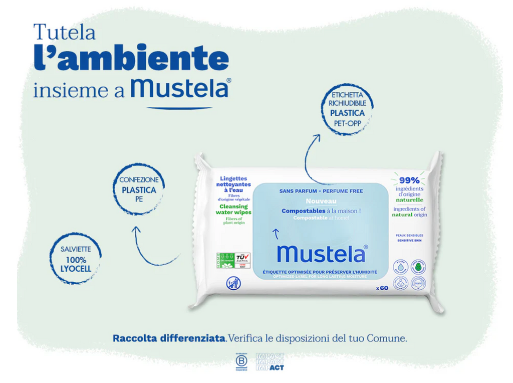 Mustela -  Salviette Compostabili all’Acqua Senza Profumo (Conf. Da 60 pz)