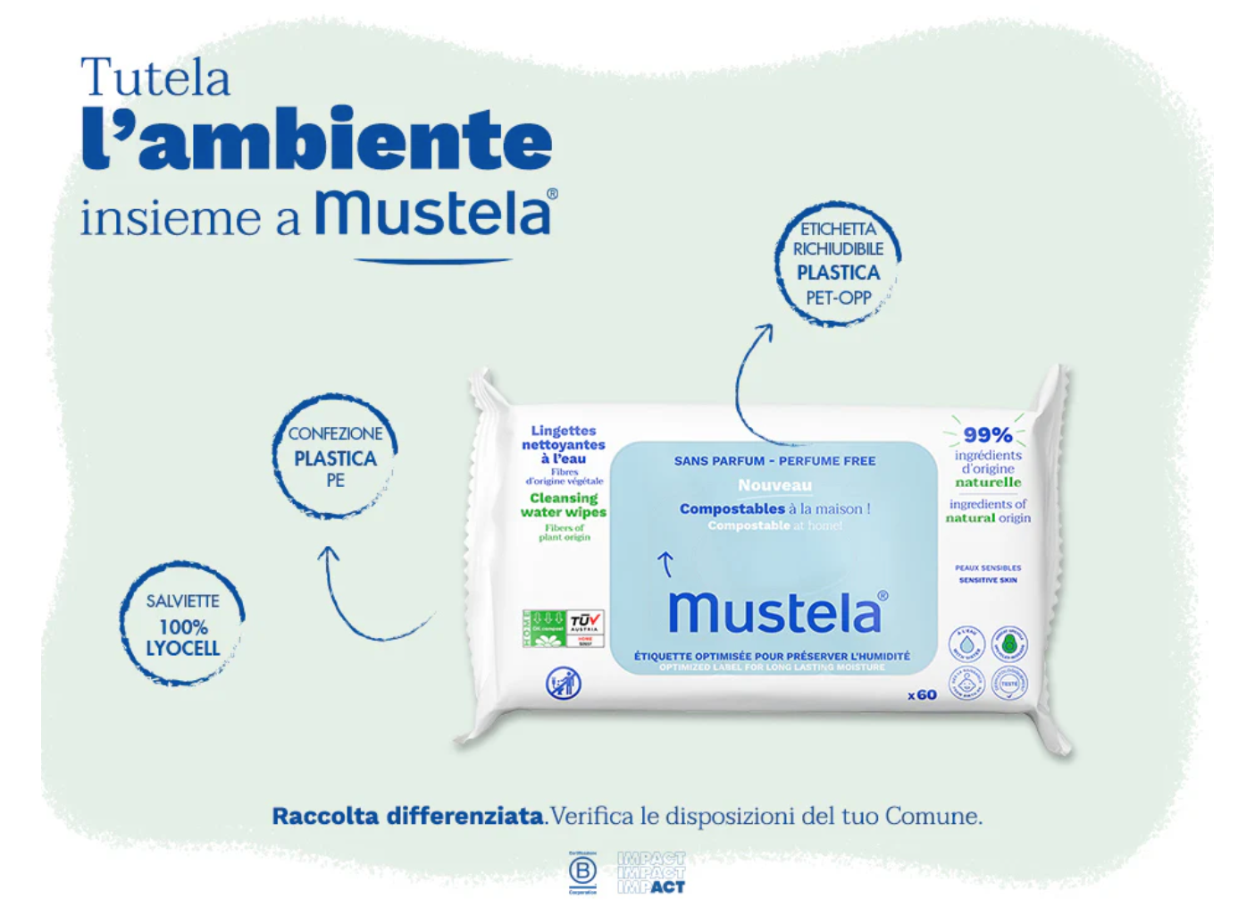 Mustela -  Salviette Compostabili all’Acqua Senza Profumo (Conf. Da 60 pz)