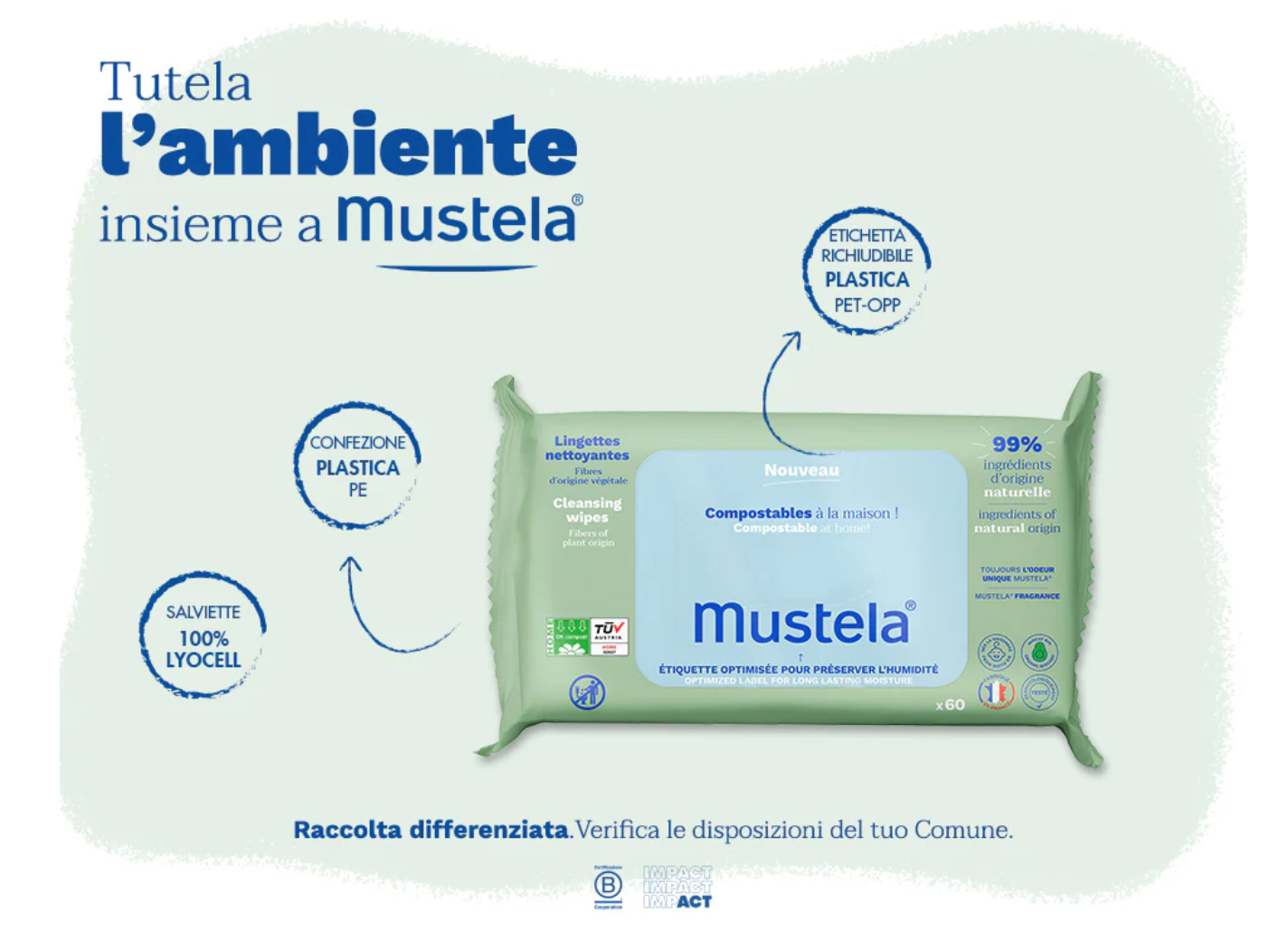 Mustela -  Salviette Compostabili Profumate (Conf. Da 60 pz)